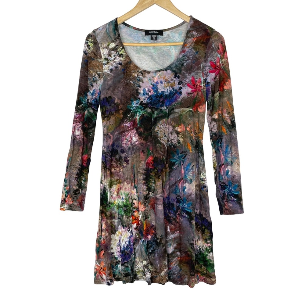 Vibrant Abstract Floral Long Sleeve Mini Dress Size M‎ Artsy Stretch Dark Boho